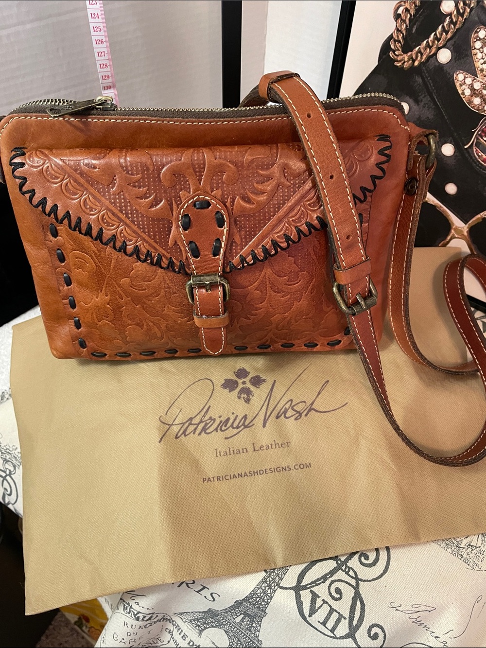Patricia Nash Cognac Tooled Leather Crossbody with Whipstitch Trim